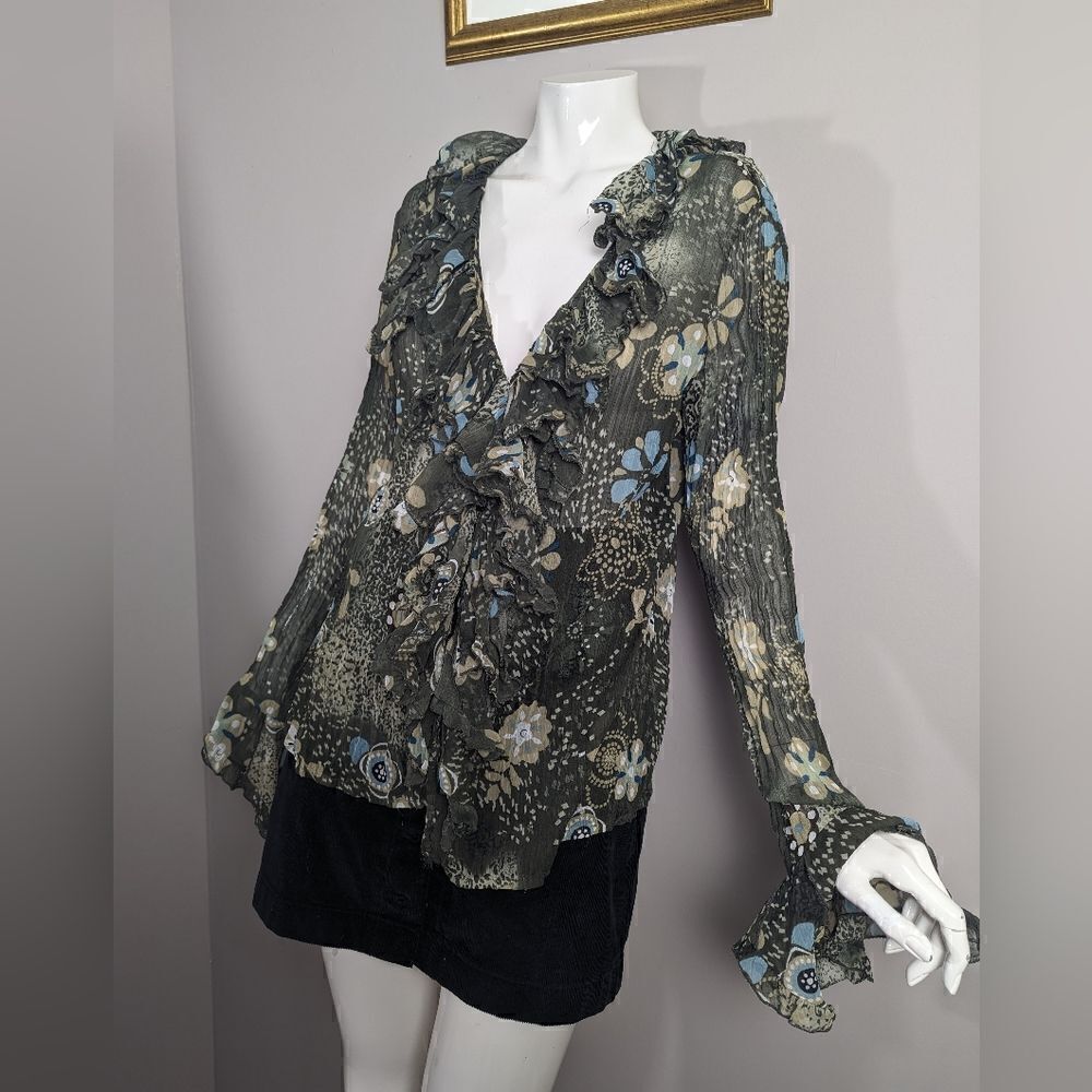 Ruffled Floral V-Neck Blouse in Olive Green